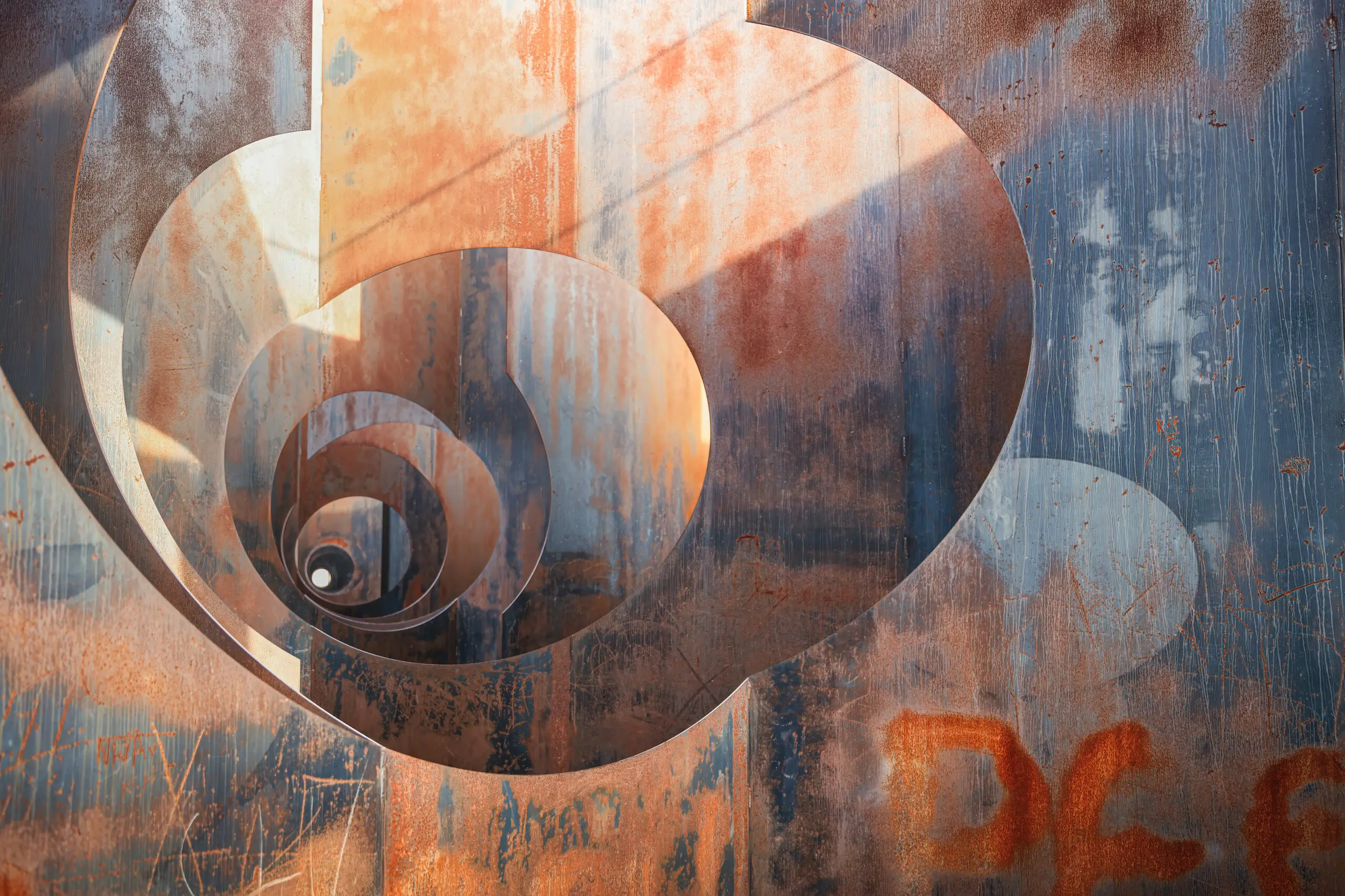 Wandbild (27353) Thinking in circles by Bruno Flour präsentiert: Kreatives,Details und Strukturen,Architektur,Abstrakt,H&auml;user,Industrie,Treppe,Architekturdetails