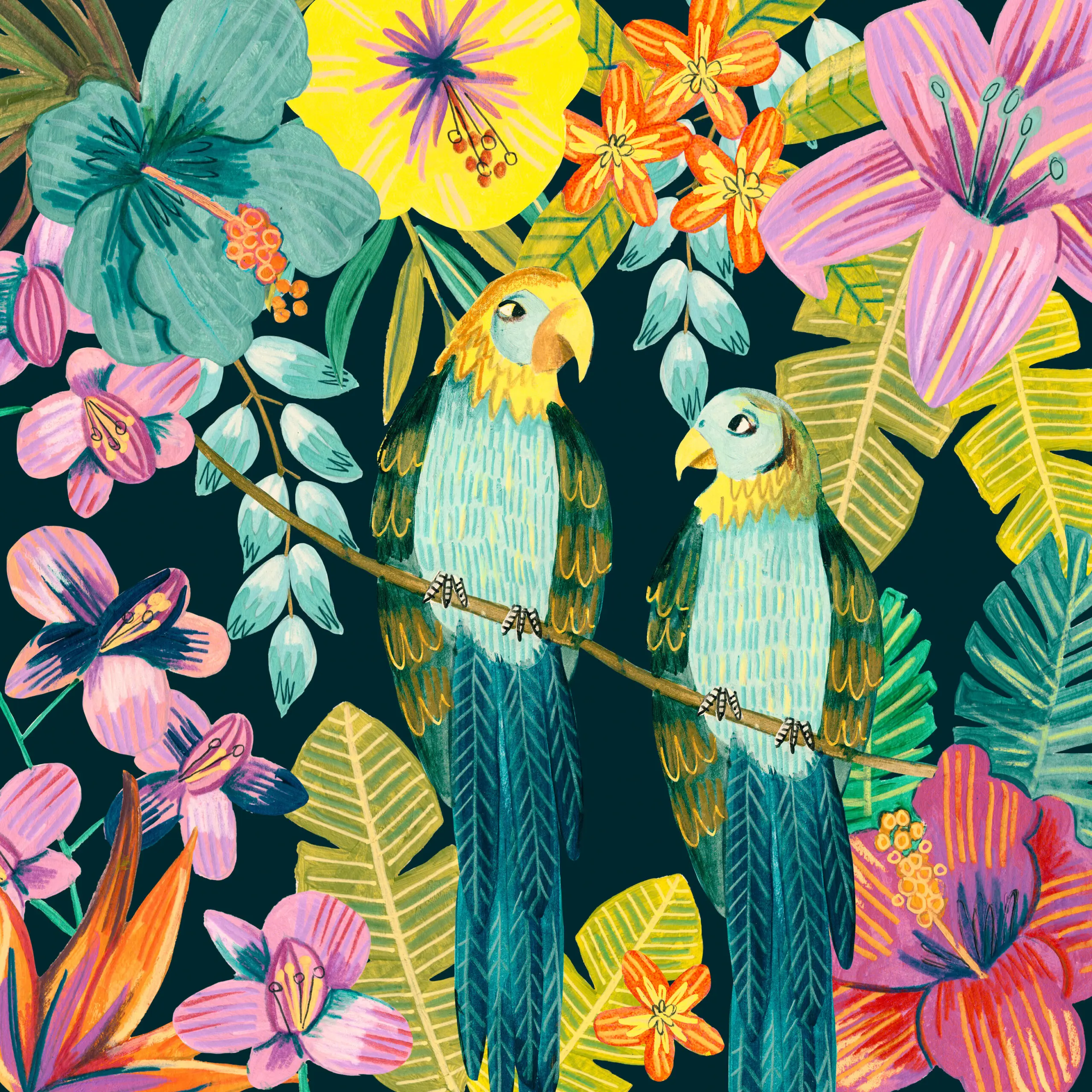 Wandbild (28370) Parrots Tropical Floral Jungle by Caroline Bonne Muller präsentiert: 