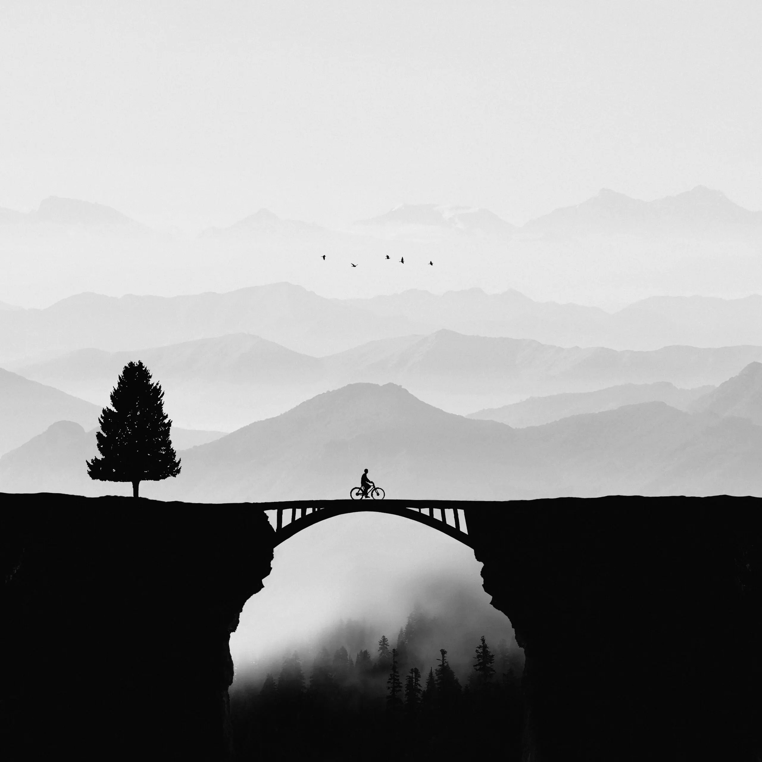 Wandbild (28402) Dream vacation by Hadi Malijani präsentiert: Kreatives,Architektur,Natur,Landschaften,Brücke,Bäume,Wege,Berge,Surrealismus